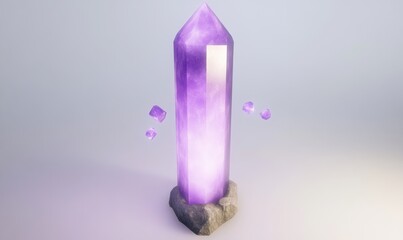 A tall, luminous purple crystal tower surrounded by smaller crystals on a smooth surface