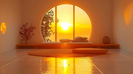 Sunset view serene room, peaceful meditation space, floor reflection, home design
