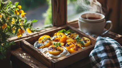 A rustic wooden tray featuring grilled peaches and Greek yogurt, with a checkered linen napkin and a steaming cup of tea in the background