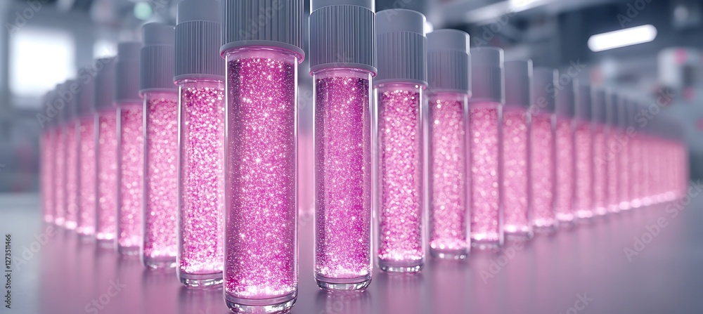 Poster rows of test tubes filled with sparkling pink liquid in a laboratory setting