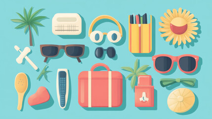 Travel time summer vacation vector accessory in flat style with traveling and tourism icons.