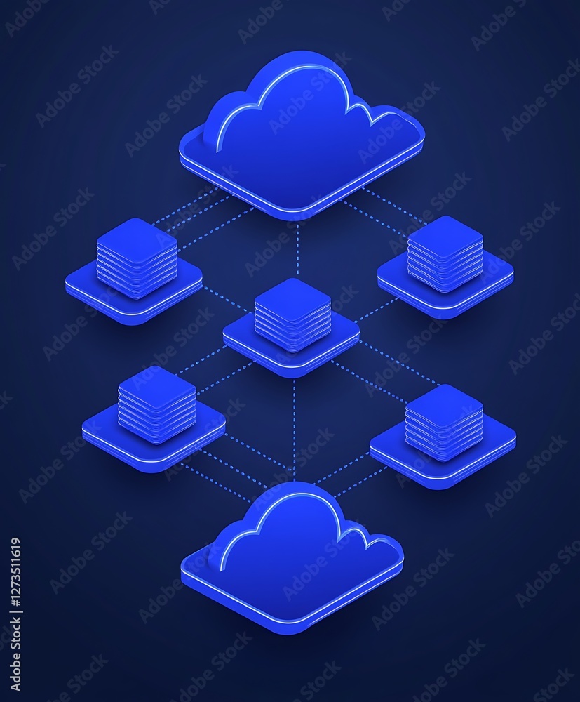 Poster isometric illustration of cloud computing network architecture with data servers.