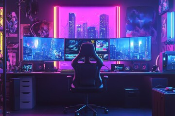 Triple Monitor Gaming Setup: Immersive Nighttime Battle Station. Epic RGB lighting illuminates a high-performance PC gaming arena, ready for action. Professional gamer workspace with advanced         
