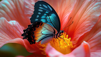 butterfly landing on a blooming flower. The delicate patterns on its wings are vividly captured