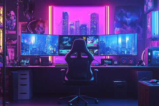 Triple Monitor Gaming Setup: Immersive Nighttime Battle Station. Epic RGB lighting illuminates a high-performance PC gaming arena, ready for action. Professional gamer workspace with advanced         
