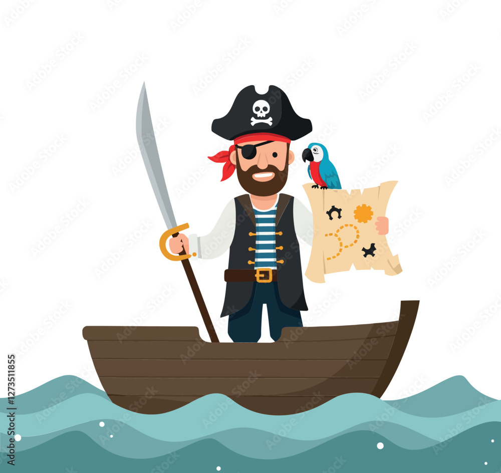 Poster pirate character sailing on a ship with a map in flat vector art