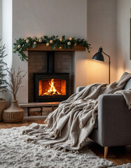 Cozy Scandinavian living room interior during a snowy winter evening, showcasing a fireplace with a crackling fire, warm woolen blankets draped over a gray sofa, and soft, ambient lighting from a floo