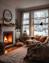 Cozy Scandinavian living room interior during a snowy winter evening, showcasing a fireplace with a crackling fire, warm woolen blankets draped over a gray sofa, and soft, ambient lighting from a floo