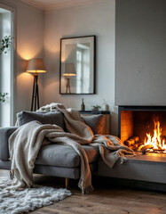 Cozy Scandinavian living room interior during a snowy winter evening, showcasing a fireplace with a crackling fire, warm woolen blankets draped over a gray sofa, and soft, ambient lighting from a floo