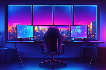 Epic Triple Monitor Gaming Setup: Neon Lights, Immersive Gameplay, Professional Esports Atmosphere. High-Resolution Image Perfect for Gaming Blogs, Websites, Streaming Channels, and Social Media.
