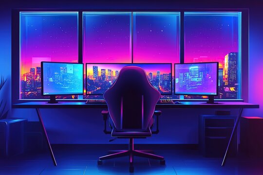 Epic Triple Monitor Gaming Setup: Neon Lights, Immersive Gameplay, Professional Esports Atmosphere. High-Resolution Image Perfect for Gaming Blogs, Websites, Streaming Channels, and Social Media.     