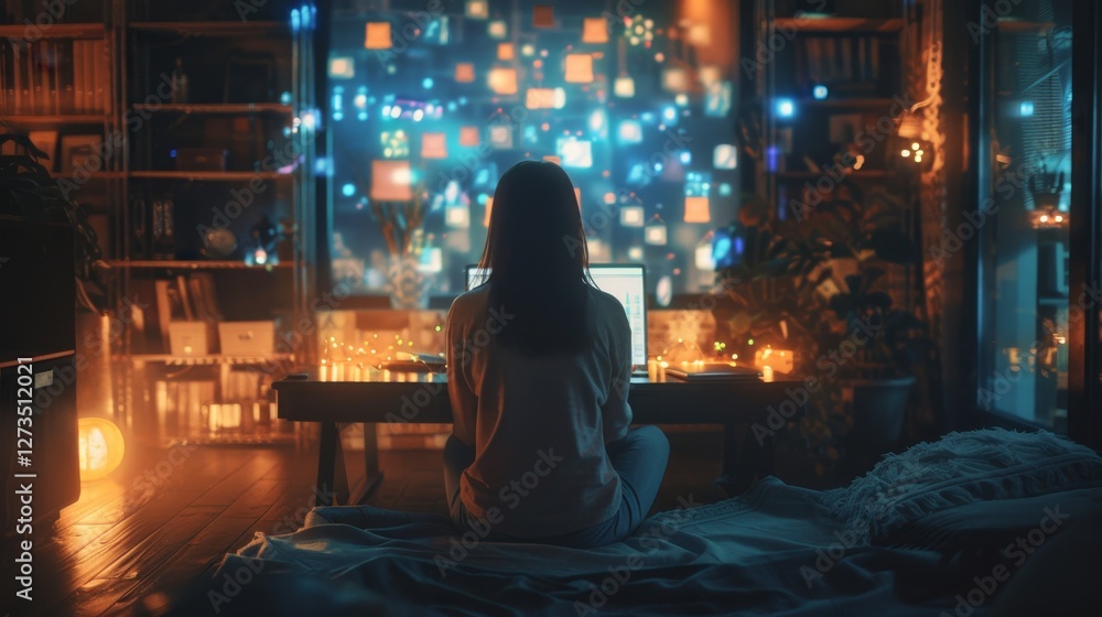 Poster engaging with advanced ai technologies in a cozy cyber setting at night