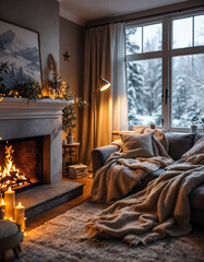 Cozy Scandinavian living room interior during a snowy winter evening, showcasing a fireplace with a crackling fire, warm woolen blankets draped over a gray sofa, and soft, ambient lighting from a floo