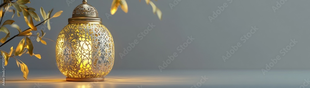Poster Illuminated Lantern with Intricate Design and Golden Leaves