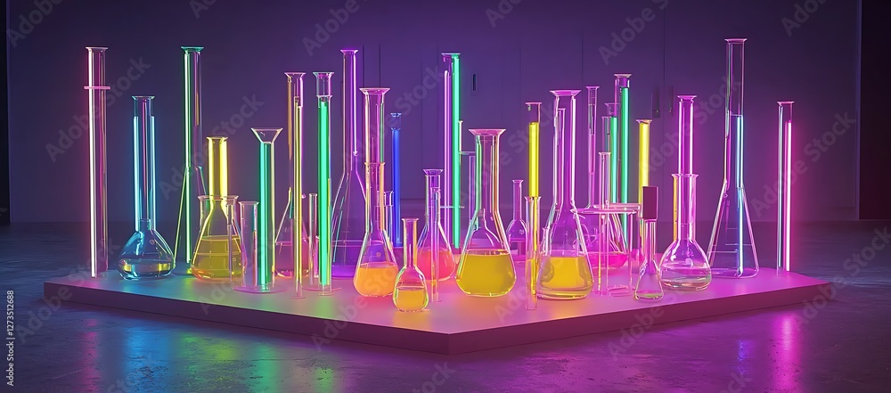 Poster neon-lit array of colorful glass laboratory beakers and flasks on a platform.