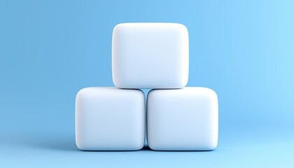 Three white cubes stacked against a soft blue background, perfect for minimalistic design and abstract concepts.
