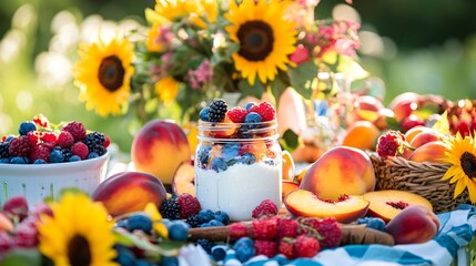 A summer picnic spread featuring grilled peaches and Greek yogurt, served in a mason jar, surrounded by fresh berries and sunflowers