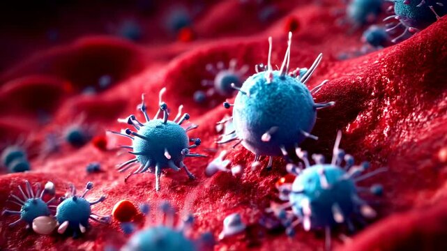 A highly detailed 3D medical animation depicting the immune response as white blood cells (leukocytes) aggressively attack invading pathogens