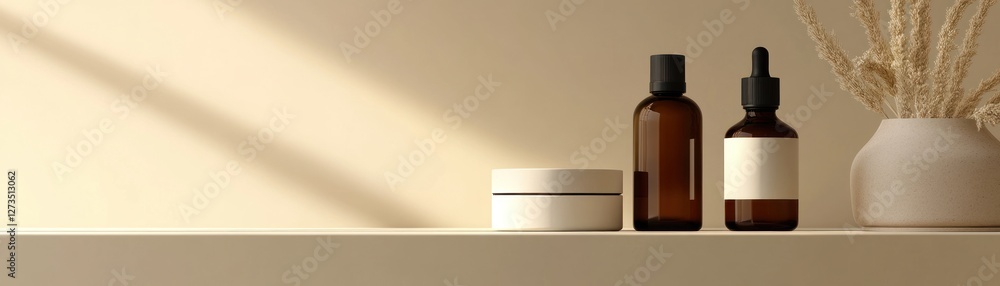 Poster minimalist skincare product arrangement on a shelf with soft lighting