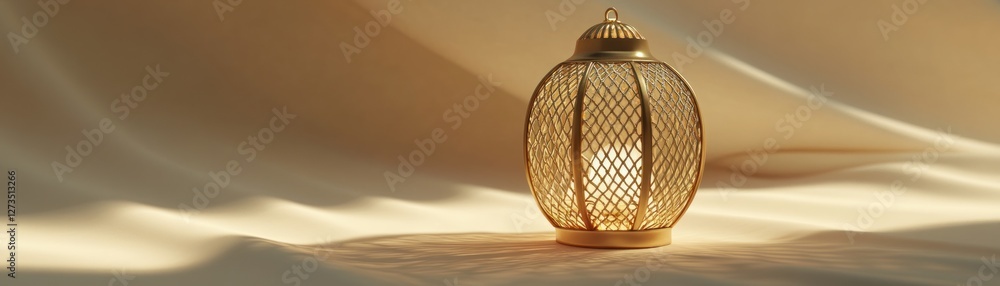 Poster golden ornamental lantern illuminates a soft flowing beige fabric background