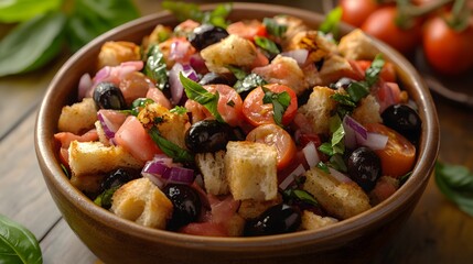 Delicious Traditional Ligurian Panzanella Salad with Taggiasca Olives, Fresh Vegetables, and Rustic Bread for a Perfect Mediterranean Summer Meal