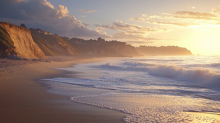 Coastal sunset, waves lapping at sandy beach, hillside town in background.  Perfect for travel brochures