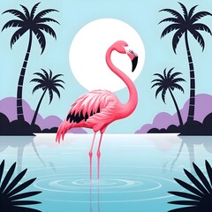 Pink Flamingo in Tropical Paradise