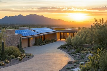 Luxury Desert Home with Solar Panels at Sunset