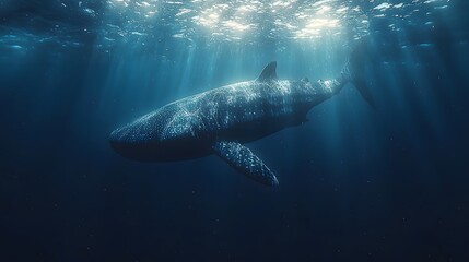 Fototapeta premium Minimalist whale shark gracefully drifting in the serene open ocean surrounded by soft blue gradients and gentle lighting filtering through the water creating a vast peaceful and ethereal atmosphere