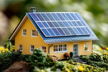 Fototapeta premium Eco-Friendly House Model with Solar Panels on a Roof