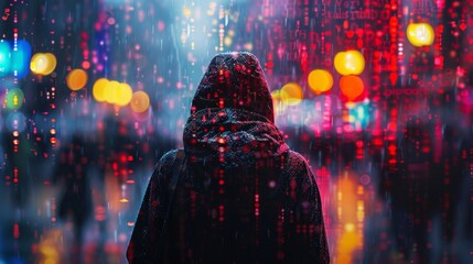 Mysterious figure under rain in cybernetic atmosphere with glowing lights at night