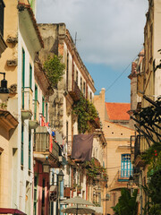 Havana, Cuba 2024 Apr15. Old colonial architecture buildings in the street of Old Havana. This iconic Unesco Caribbean city is popular with tourists.