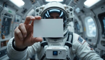 An astronaut in a spacesuit is holding a blank business card in a spacecraft with Earth visible in the background. The mockup showcases professional branding in a space-themed setting.