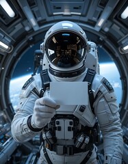 An astronaut in a spacesuit is holding a blank business card in a spacecraft with Earth visible in the background. The mockup showcases professional branding in a space-themed setting.