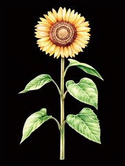 Fototapeta premium Sunflower Botanical Illustration on Black Background Detailed Floral Art