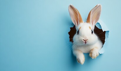 Obraz premium A 3D image features the Easter bunny popping out from a blue wall