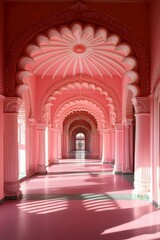 Naklejka premium Elegant pink palace corridor with arches, interior view, tourism or background