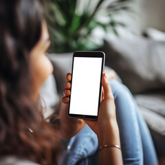 Mockup of a smartphone with a white screen in a woman's hand.