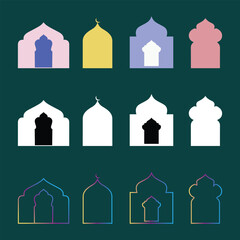 Fototapeta premium Ramadan shapes. Islam elements of Arab mosque. Door stickers and Arabian arch frame. Set of Islamic Architecture Designs in Various Colors and Styles.