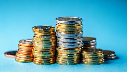 golden stack of coins with coins falling against a blue background