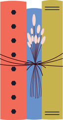 Stack of books tied with a cord with a herbarium. World Book Day. Education concept. Simple funny clipart isolated on a white background. Book festival.