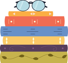 Vertical stack of books with glasses. World Book Day. Education concept. Simple funny clipart isolated on white background. Book festival.