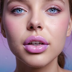 Fototapeta premium Close-up of Woman's Face with Pink Glossy Lips and Blue Eyes
