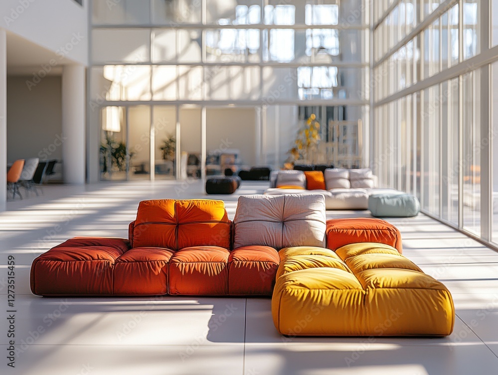 Poster a colorful modular sofa in a spacious, modern lobby with natural light and expansive windows, creati