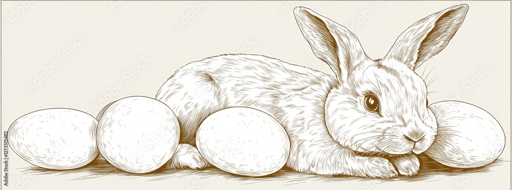 Poster a single continuous line drawing featuring easter eggs and a rabbit. a greeting banner design with a