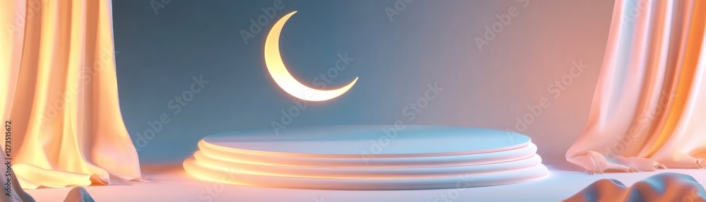 Poster illuminated stage with crescent moon and draped fabrics