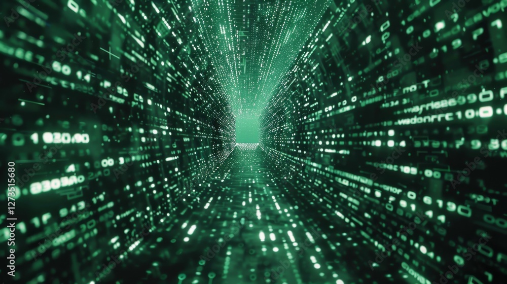 Poster exploring a futuristic digital tunnel filled with flowing green data streams in a cyber environment