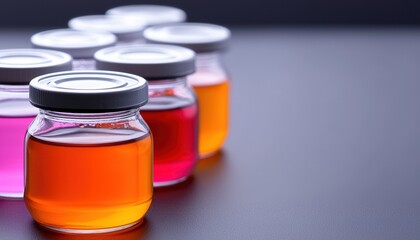 Vibrant jars filled with colorful liquids, ideal for showcasing creativity in beverages or scientific themes.