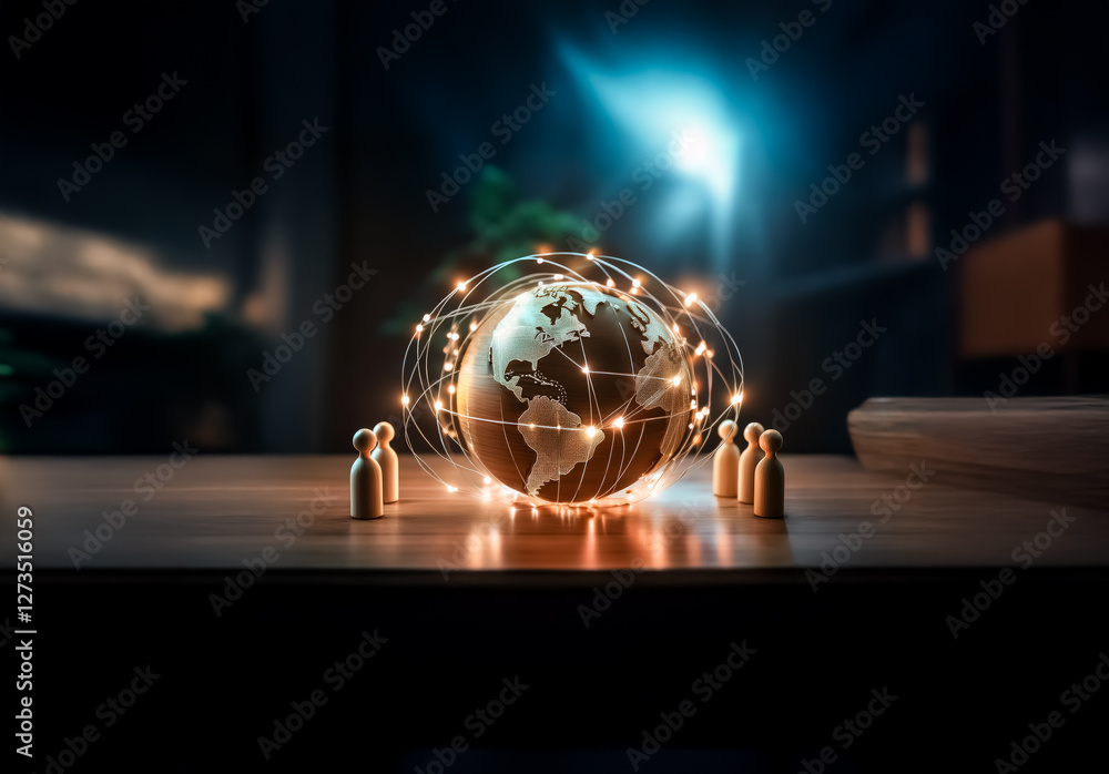 Aufkleber Shenzhen, China - Unknown Date : Illuminated globe encircled by lights and wooden figures on a table represents global connection and teamwork in a modern setting.