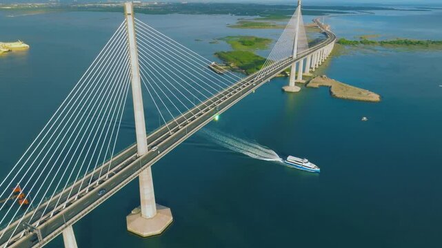 4K Aerial Perspective Cebu Cordova Bridge, Philippines.
Cebu-Cordova Link Expressway, a modern engineering marvel connecting Cebu Island and Mactan Island in the Philippines